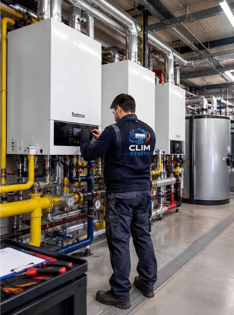 Technicien Clim Genève réglant des chaudières Buderus en chaufferie