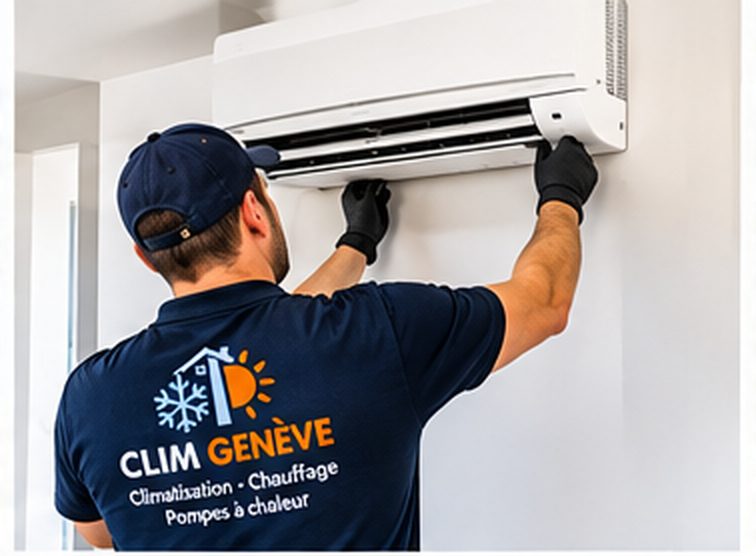 Technicien Clim Genève réglant un climatiseur mural dans un salon