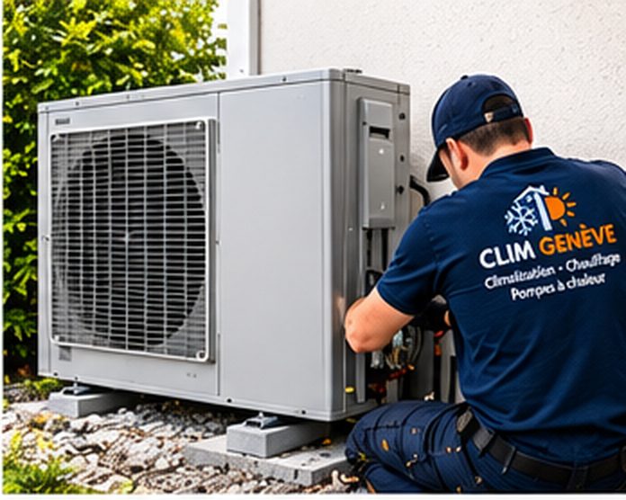 Technicien Clim Genève intervenant sur une unité extérieure de climatisation