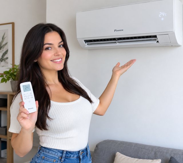 Cliente vérifiant la température de son climatiseur avec la télécommande