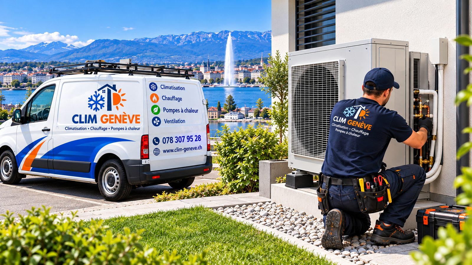 Camionnette et technicien Clim Genève raccordant une pompe à chaleur en façade, vue sur Genève et le lac