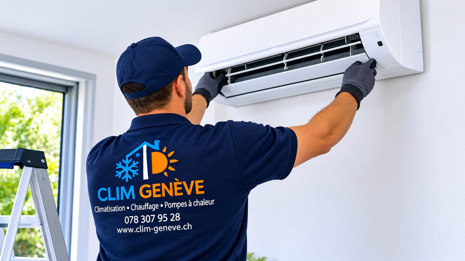 Technicien Clim Genève posant une unité intérieure de climatisation murale